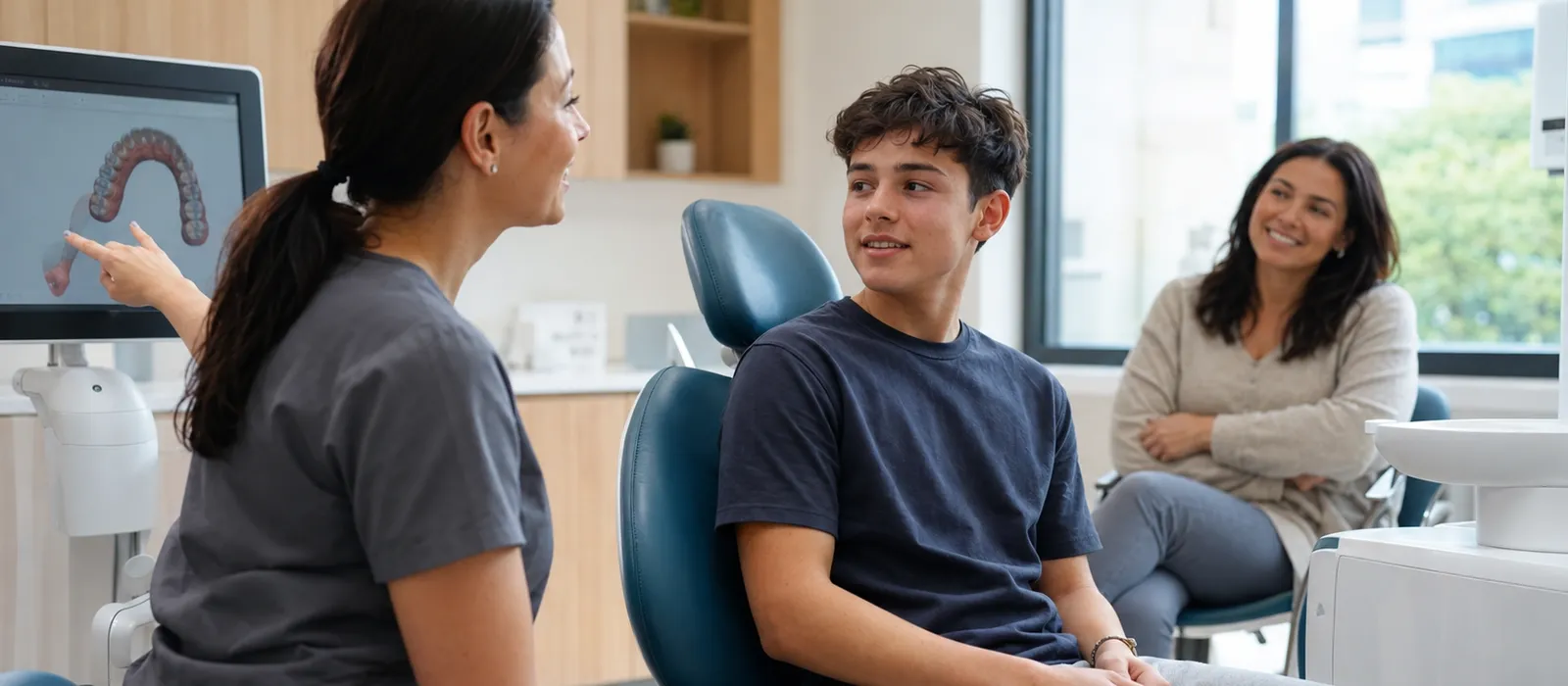 Patient talking through options with a dentist in a bright clinic
