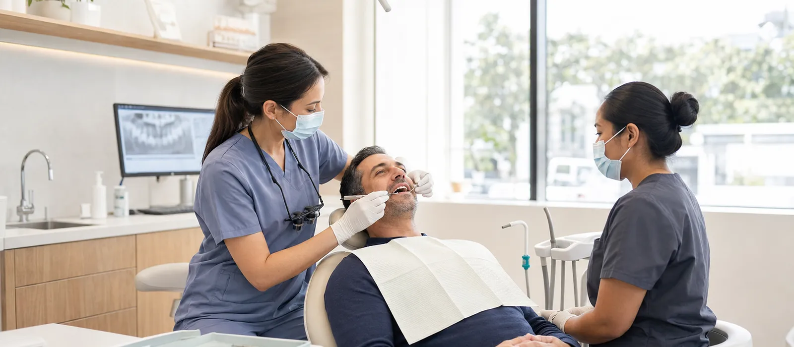 Dental team treating a patient during an urgent appointment