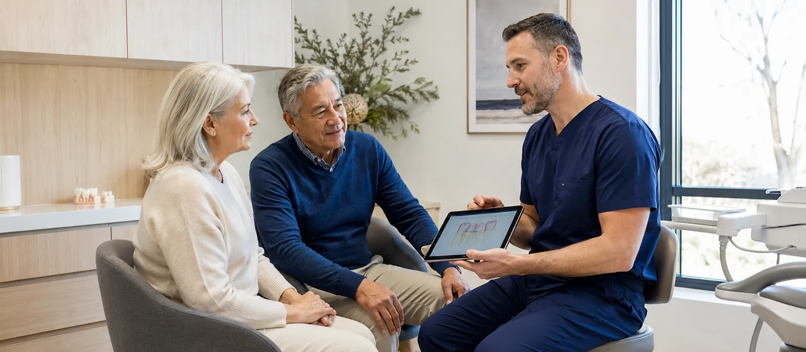 Dentist showing information to patients on a tablet