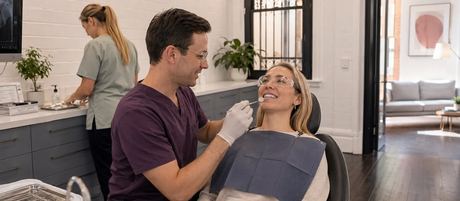 Dentist examining a smiling patient during a treatment