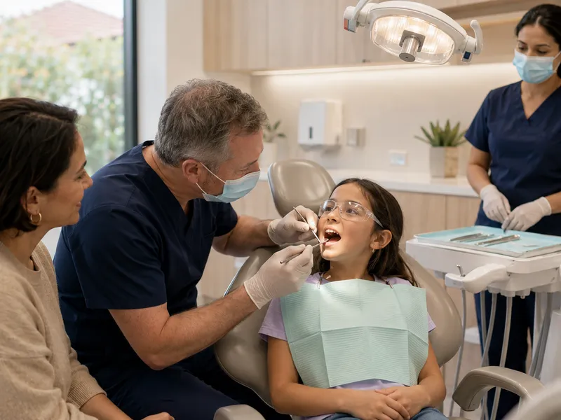 Child having a dental checkup with a parent close by