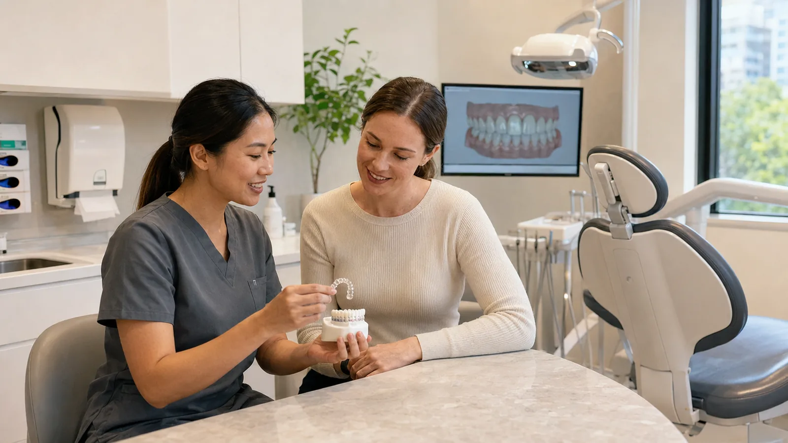 Dentist discussing clear aligner options with a patient beside a digital tooth scan