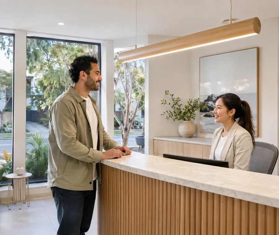 A dentist greeting a patient at reception