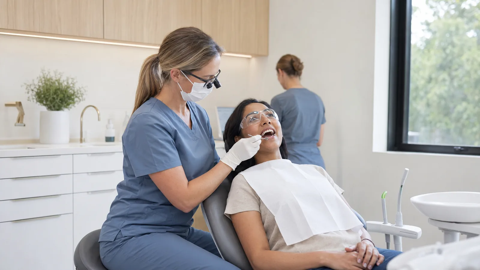 Dentist carrying out a check-up on a smiling patient in a bright clinic