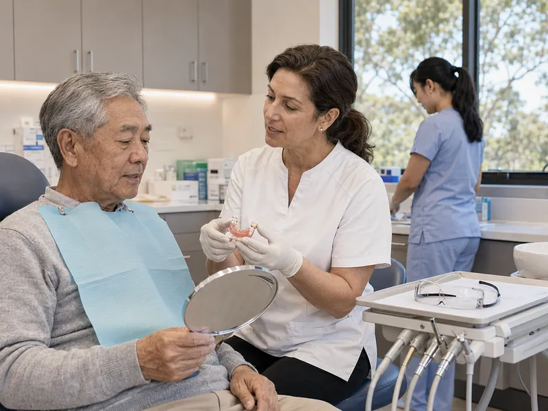 Dentist in consultation with an older patient about implants
