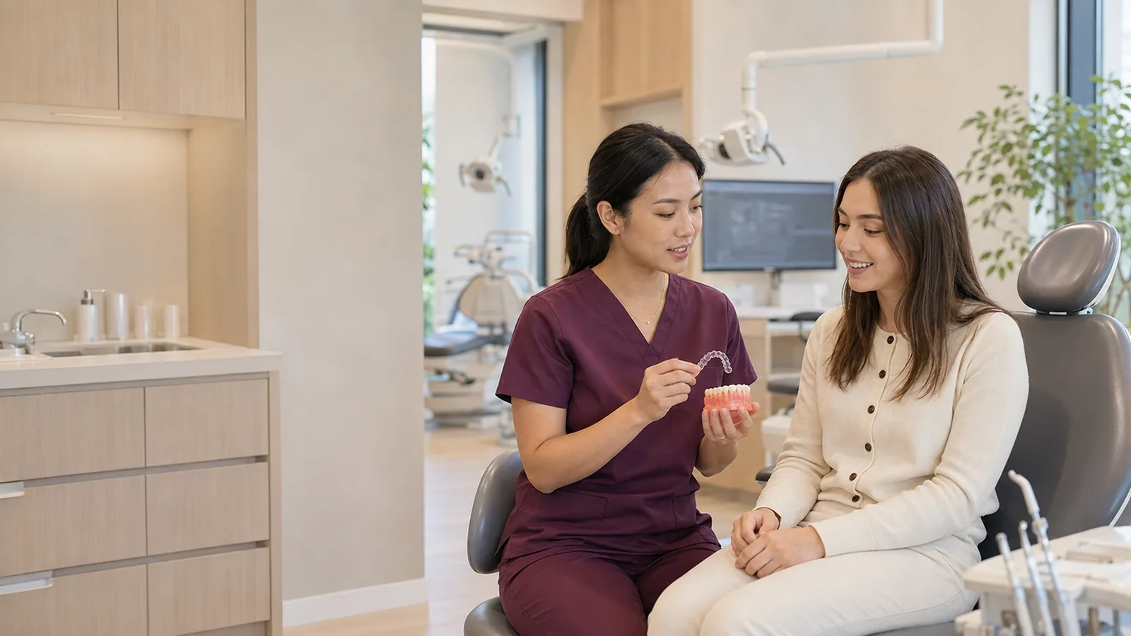 Dentist using a dental model to explain an implant to a patient