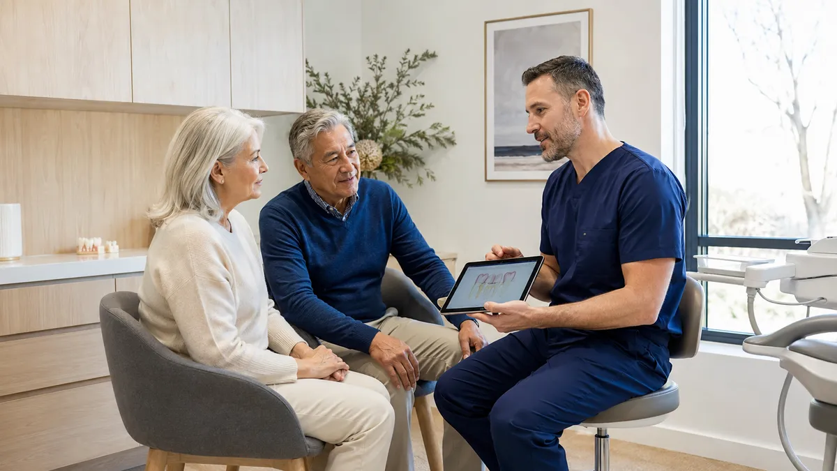 Dentist showing search results to an older couple on a tablet