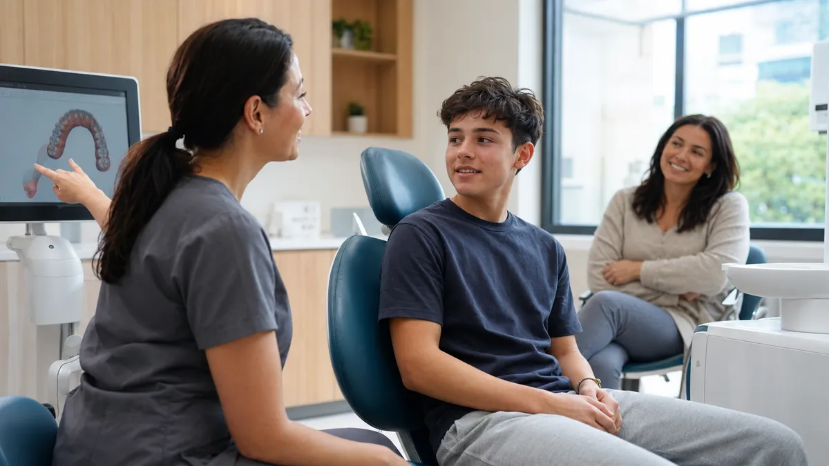 A patient and her son discussing options with a dentist