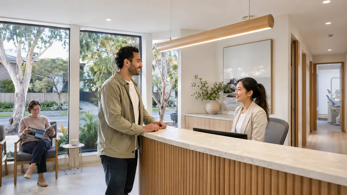 Patient checking in at a dental reception counter