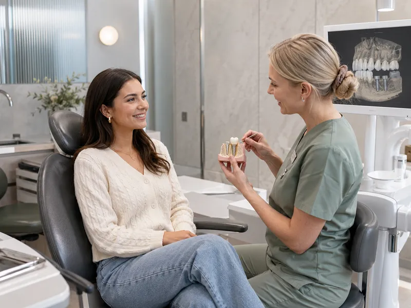 Patient at ease in the dental chair talking with her clinician