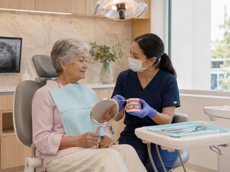 Dentist discussing a treatment plan with a patient in a consultation room