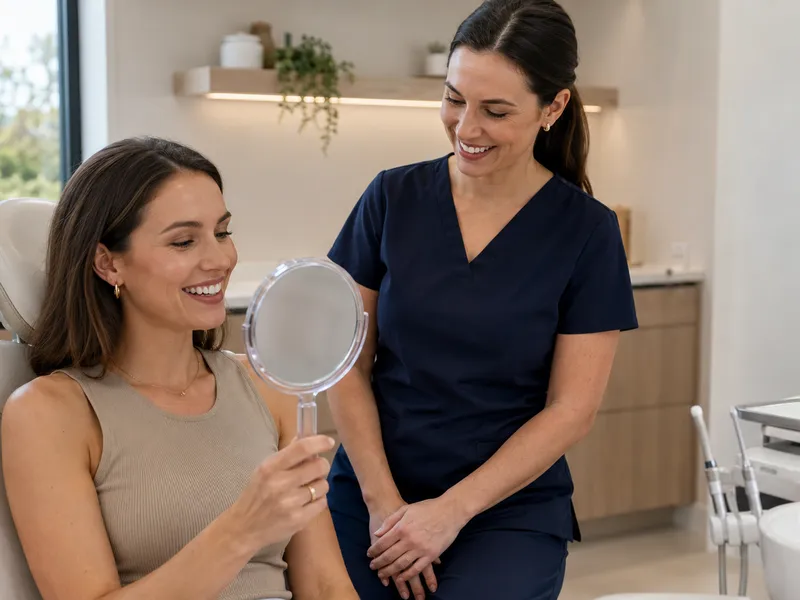 Dentist showing a patient a shade guide during a whitening consultation